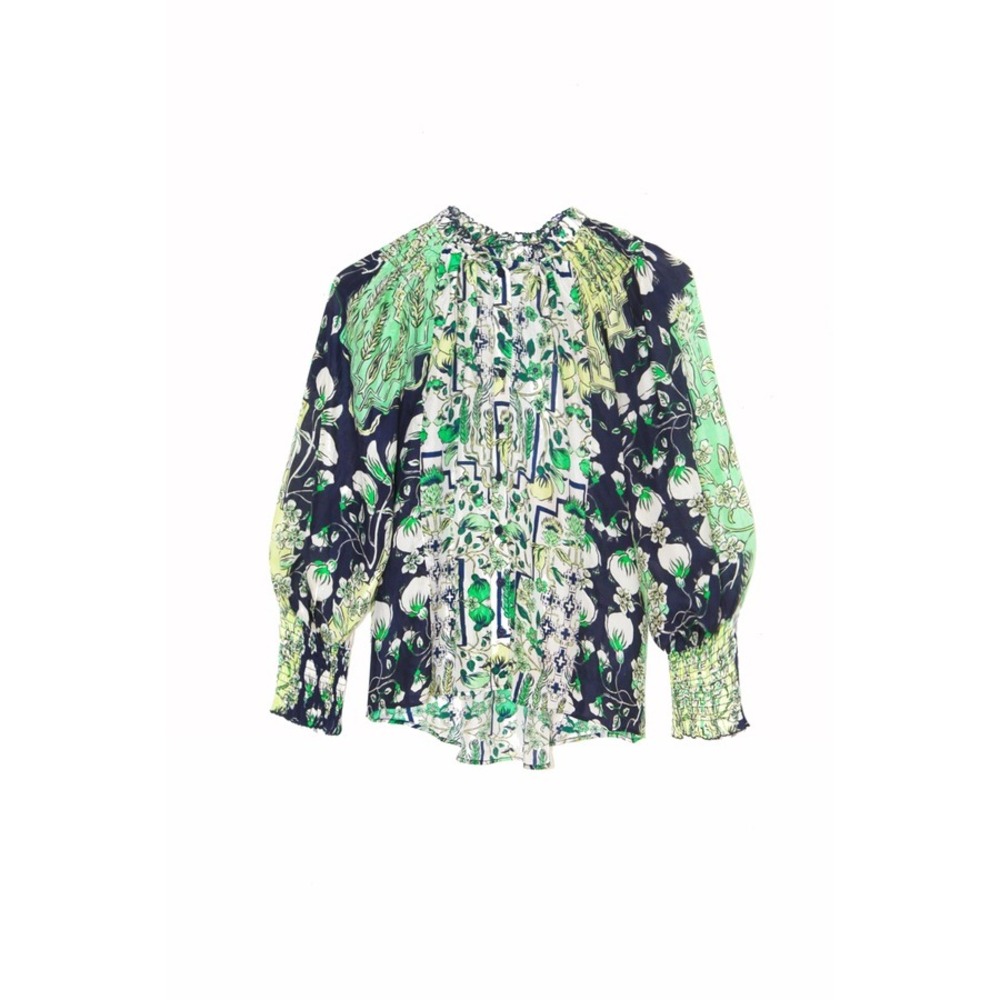 Maria Cher Bariloche Julieta Peasant Blouse Green White Floral Smocked Size S